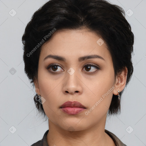 Neutral asian young-adult female with medium  black hair and brown eyes