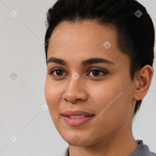 Joyful white young-adult female with short  brown hair and brown eyes