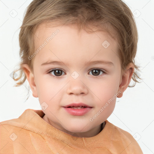 Joyful white child female with short  brown hair and brown eyes