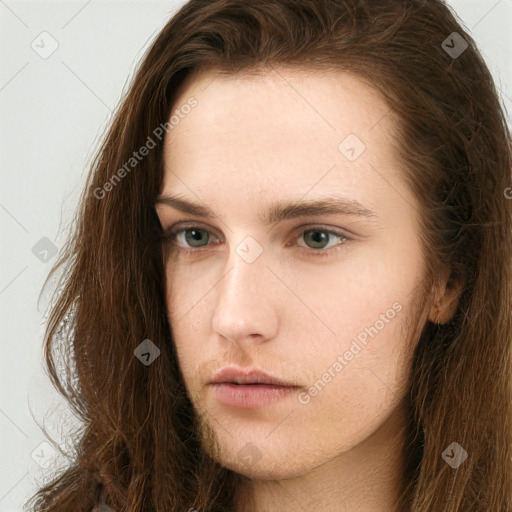 Neutral white young-adult female with long  brown hair and grey eyes