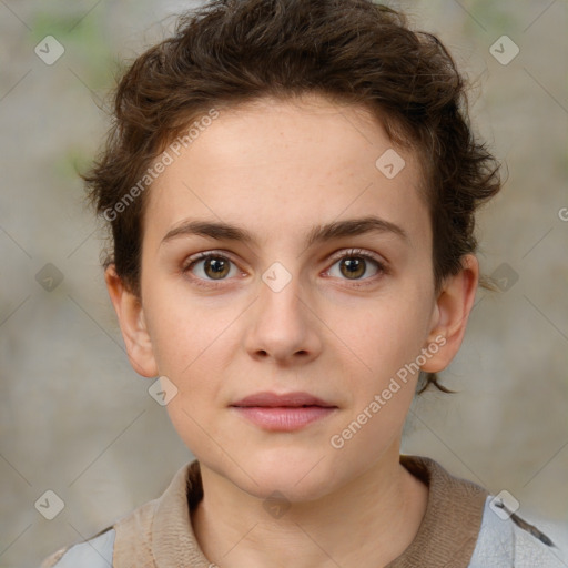 Neutral white young-adult female with short  brown hair and brown eyes