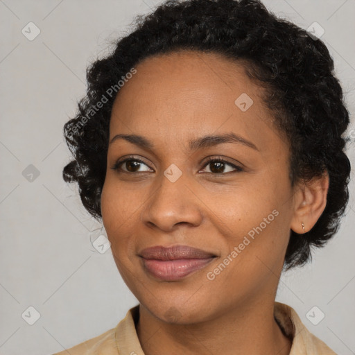 Joyful black young-adult female with medium  black hair and brown eyes