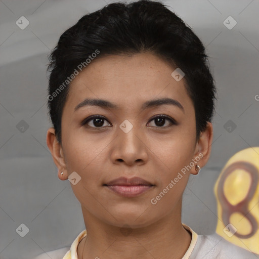 Neutral asian young-adult female with short  black hair and brown eyes