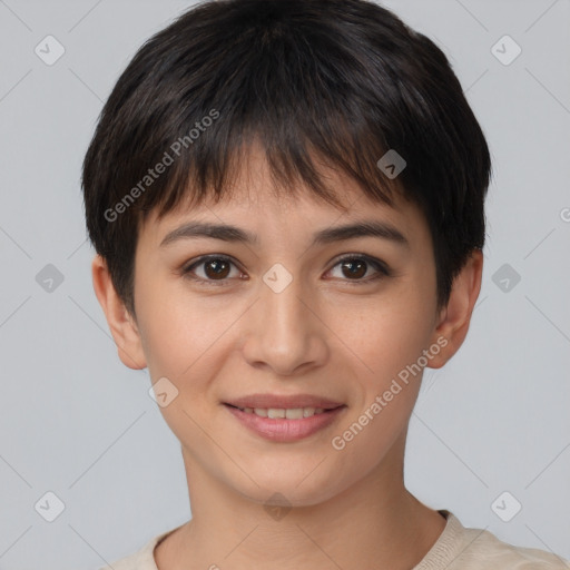 Joyful white young-adult female with short  brown hair and brown eyes