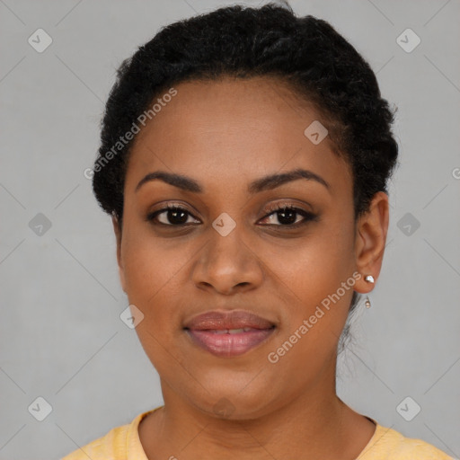 Joyful latino young-adult female with short  black hair and brown eyes