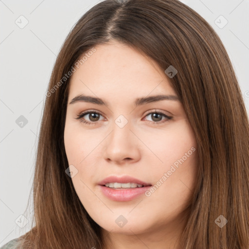 Neutral white young-adult female with long  brown hair and brown eyes