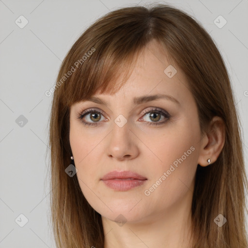 Neutral white young-adult female with long  brown hair and brown eyes