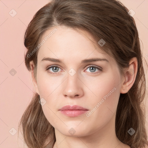 Neutral white young-adult female with medium  brown hair and grey eyes