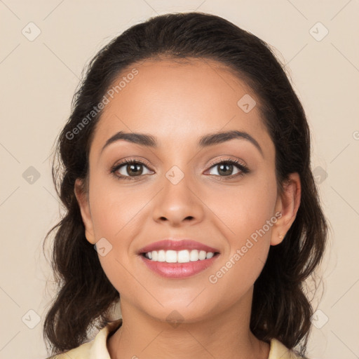 Joyful white young-adult female with medium  brown hair and brown eyes