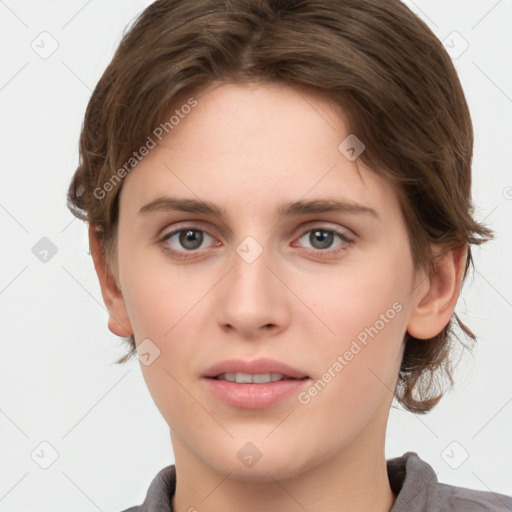 Neutral white young-adult female with medium  brown hair and brown eyes