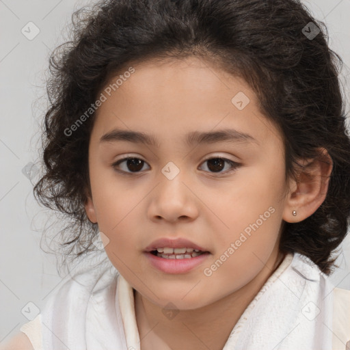 Joyful white child female with medium  brown hair and brown eyes