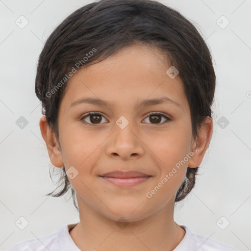 Joyful white child female with medium  brown hair and brown eyes