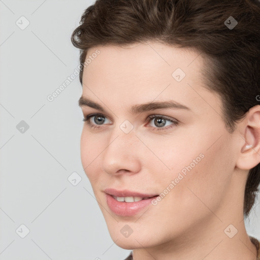 Neutral white young-adult female with medium  brown hair and brown eyes