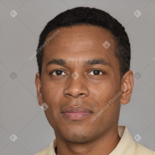 Neutral black young-adult male with short  black hair and brown eyes