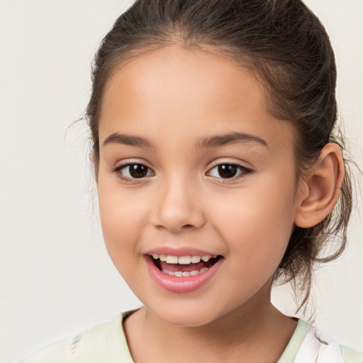 Joyful white child female with medium  brown hair and brown eyes