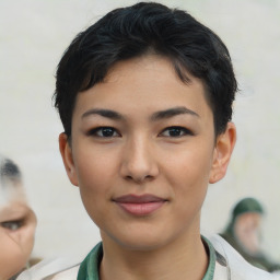 Joyful asian young-adult female with short  brown hair and brown eyes