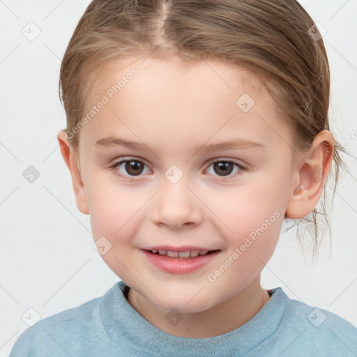 Joyful white child female with medium  brown hair and brown eyes