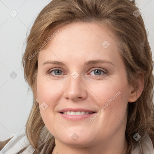 Joyful white young-adult female with medium  brown hair and blue eyes