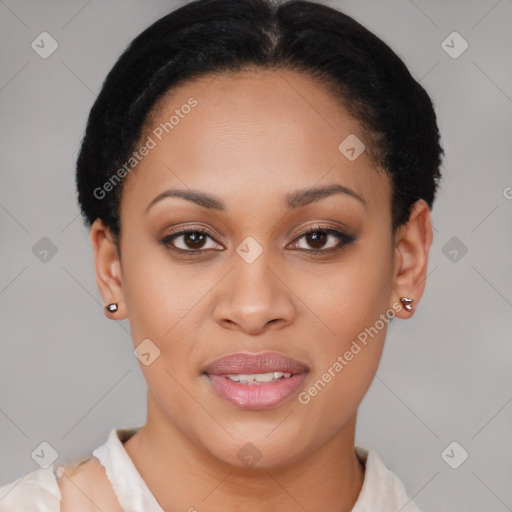 Joyful latino young-adult female with short  brown hair and brown eyes