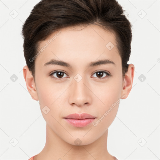 Neutral white young-adult female with short  brown hair and brown eyes