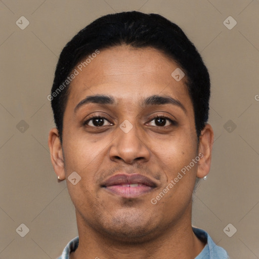 Neutral latino young-adult male with short  brown hair and brown eyes