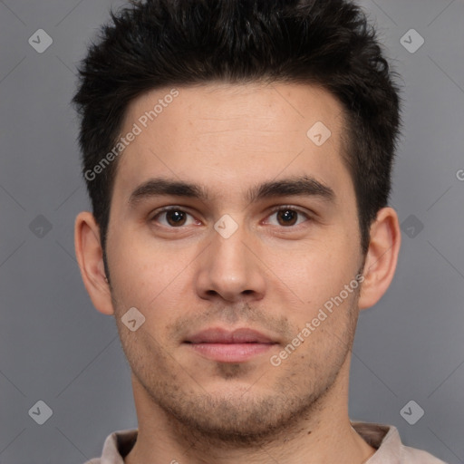 Neutral white young-adult male with short  brown hair and brown eyes