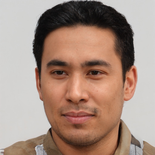 Neutral asian young-adult male with short  black hair and brown eyes
