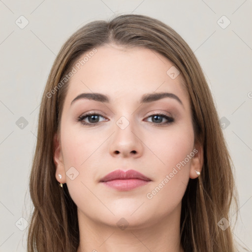 Neutral white young-adult female with long  brown hair and grey eyes