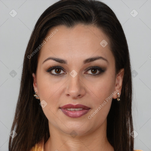 Joyful latino young-adult female with long  brown hair and brown eyes