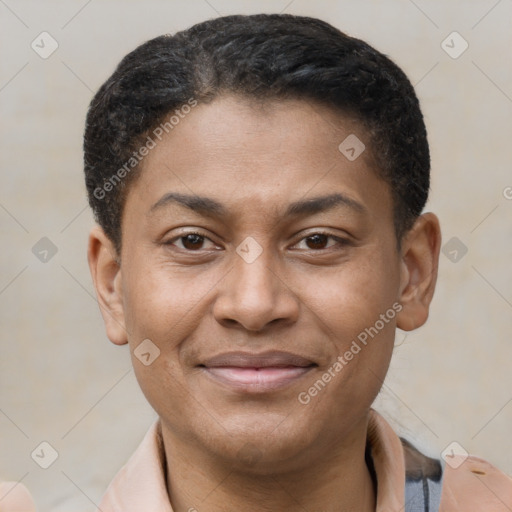 Joyful latino young-adult male with short  brown hair and brown eyes