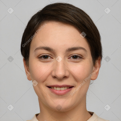 Joyful white young-adult female with short  brown hair and brown eyes