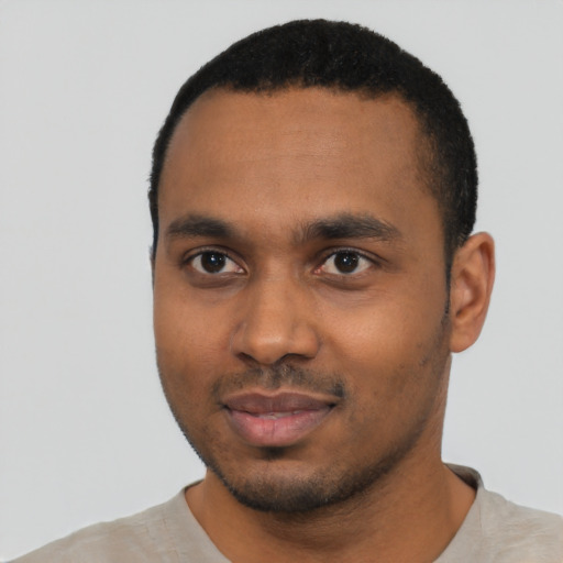 Neutral black young-adult male with short  black hair and brown eyes