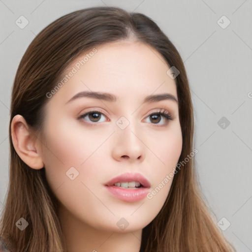 Neutral white young-adult female with long  brown hair and brown eyes