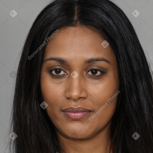 Joyful asian young-adult female with long  black hair and brown eyes