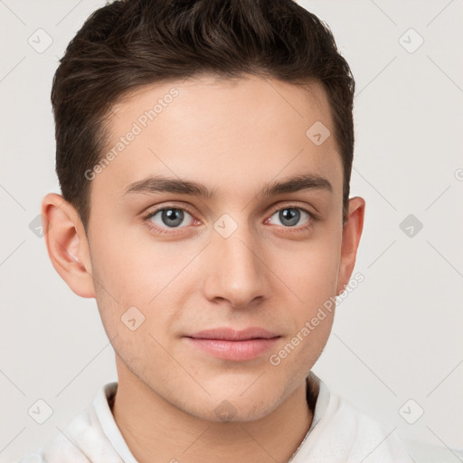 Neutral white young-adult male with short  brown hair and brown eyes