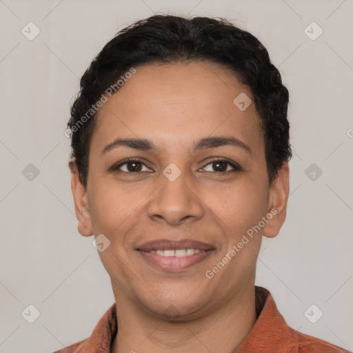 Joyful latino young-adult female with short  brown hair and brown eyes