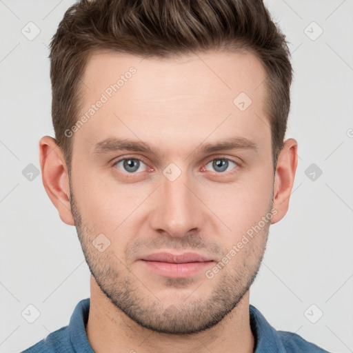 Neutral white young-adult male with short  brown hair and grey eyes