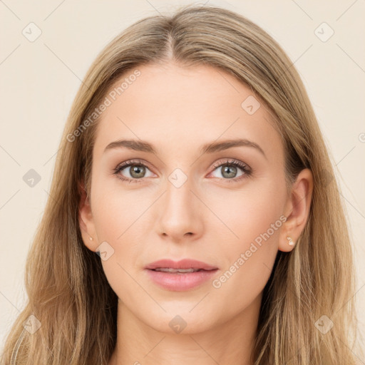 Neutral white young-adult female with long  brown hair and brown eyes