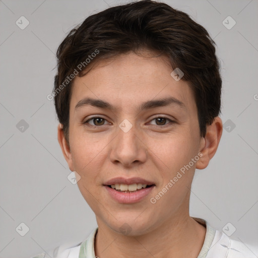 Joyful white young-adult female with short  brown hair and brown eyes