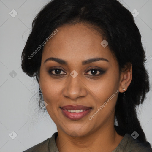 Joyful black young-adult female with long  brown hair and brown eyes