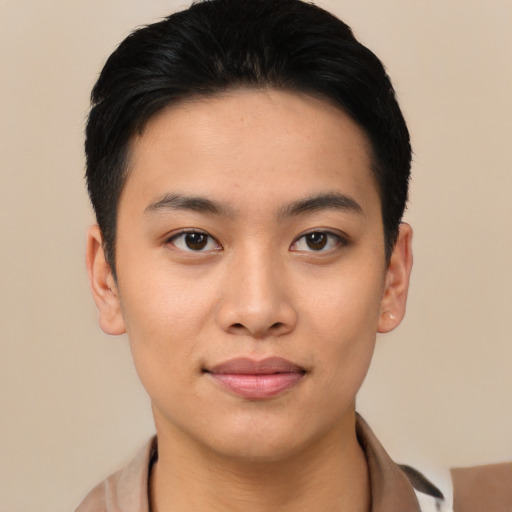 Joyful asian young-adult female with short  black hair and brown eyes
