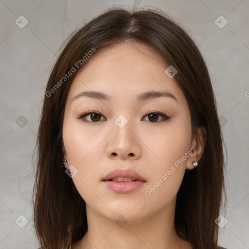 Neutral asian young-adult female with medium  brown hair and brown eyes