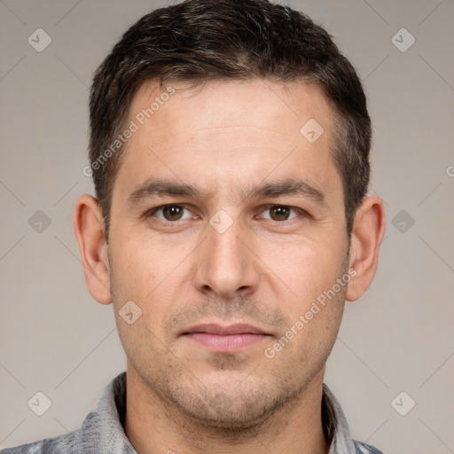 Neutral white young-adult male with short  brown hair and brown eyes