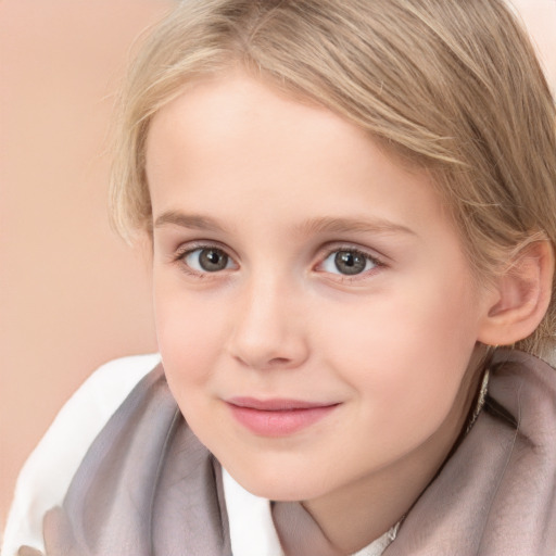 Joyful white child female with long  brown hair and brown eyes