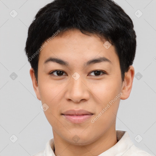 Joyful asian young-adult female with short  black hair and brown eyes