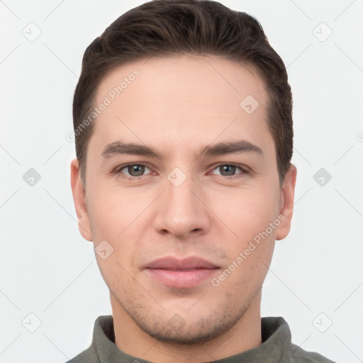 Neutral white young-adult male with short  brown hair and brown eyes