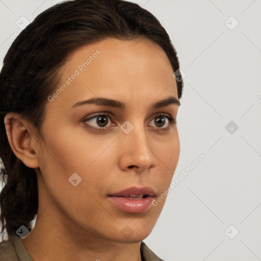 Neutral white young-adult female with short  brown hair and brown eyes