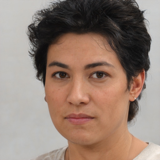 Neutral asian young-adult female with medium  brown hair and brown eyes