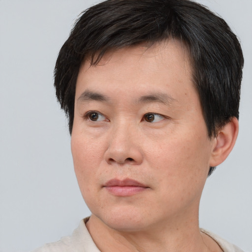 Neutral asian adult male with short  black hair and brown eyes