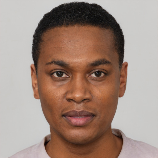 Neutral black young-adult male with short  black hair and brown eyes